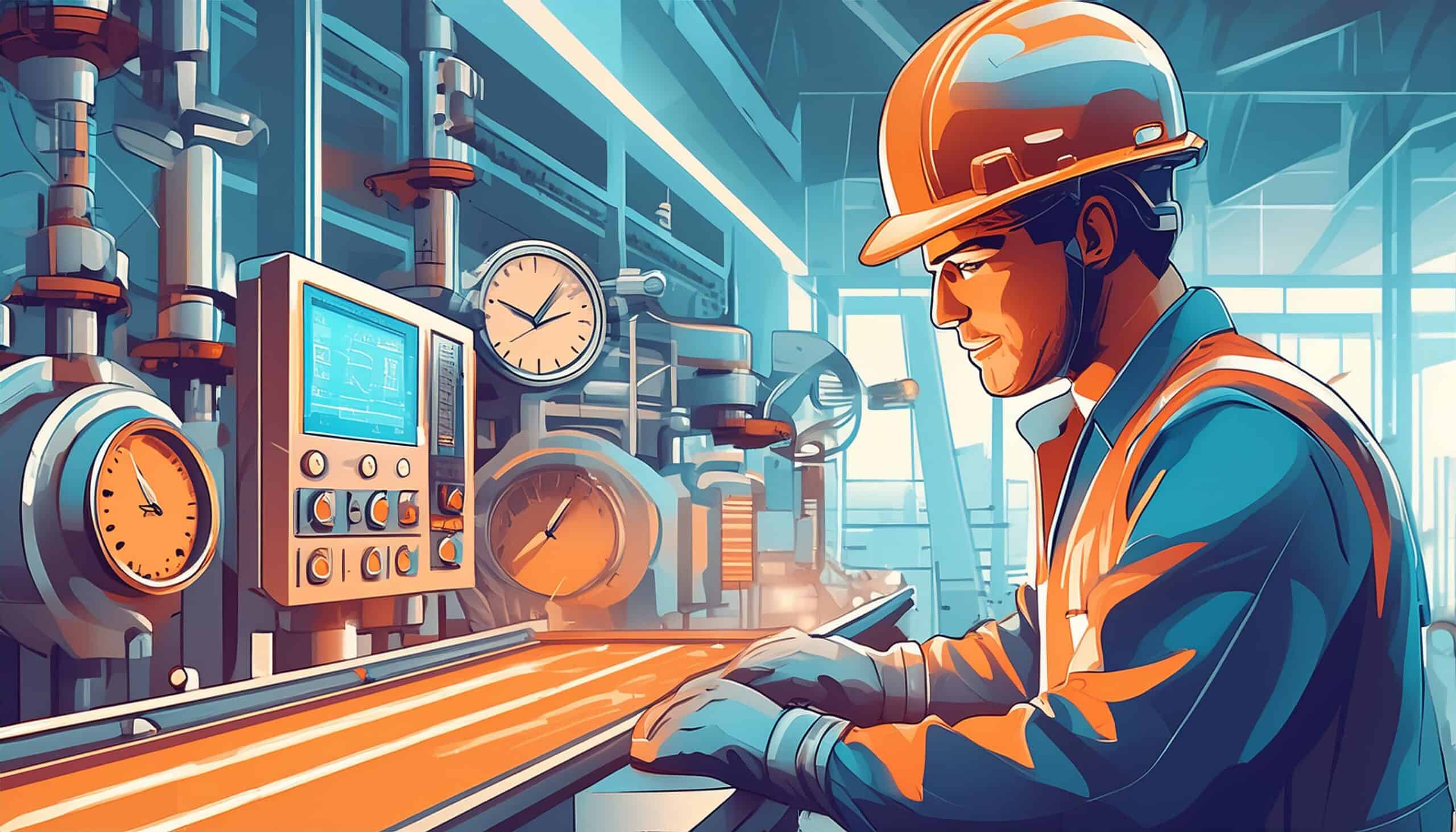 A young male engineer in an orange and blue uniform monitoring manufacturing equipment and checking data on a digital manufacturing traveller, with various industrial meters and valves in the background.