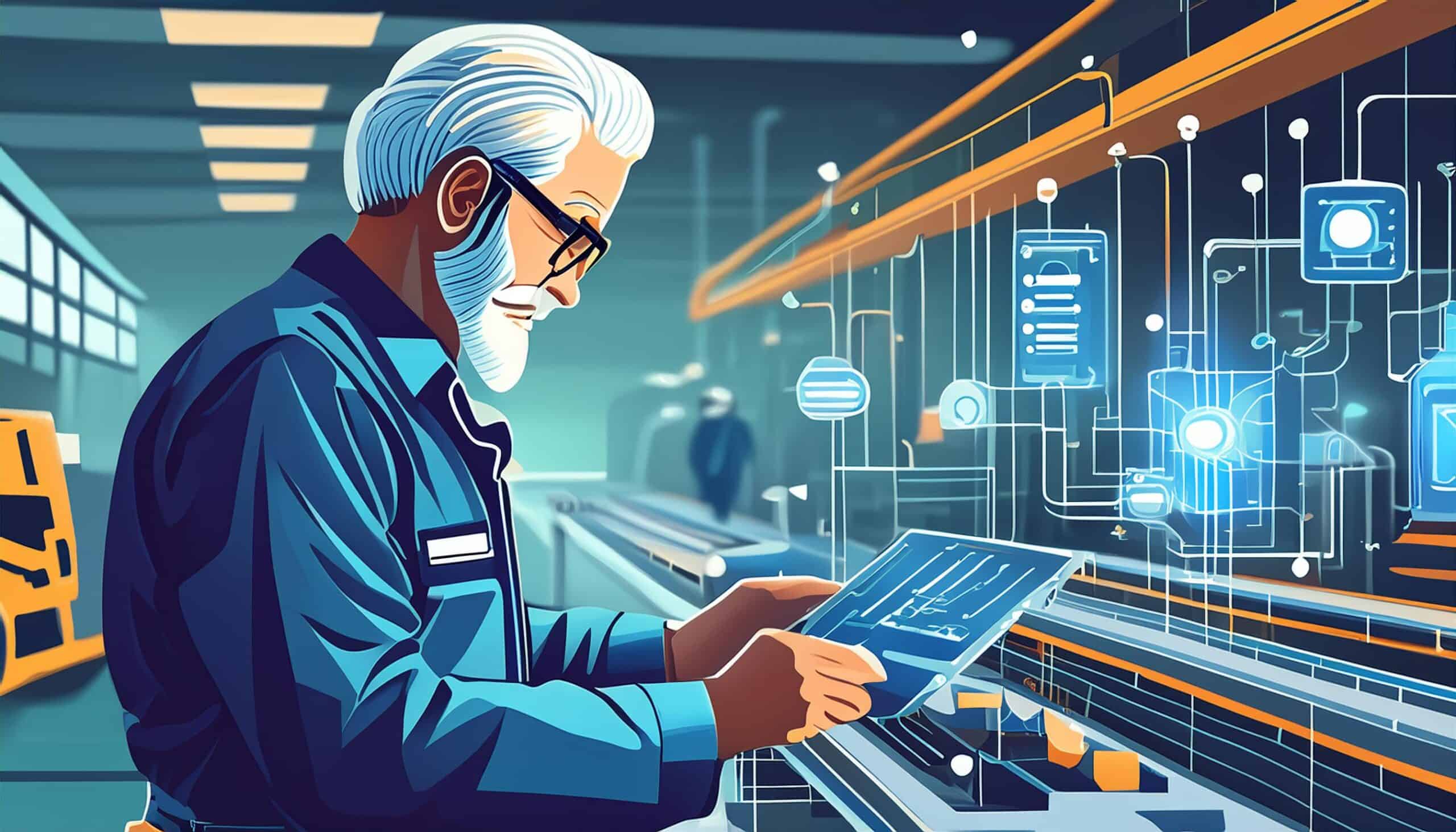 An elderly male engineer in a blue uniform and safety glasses analyzing digital manufacturing travellers on a tablet, with factory automation processes visualized in the background.