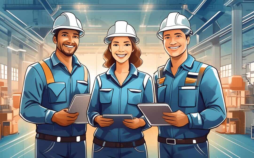 Three smiling engineers, two men and one woman, in blue uniforms and safety helmets, using tablets on the manufacturing floor. They are discussing manufacturing travellers for optimizing production efficiency