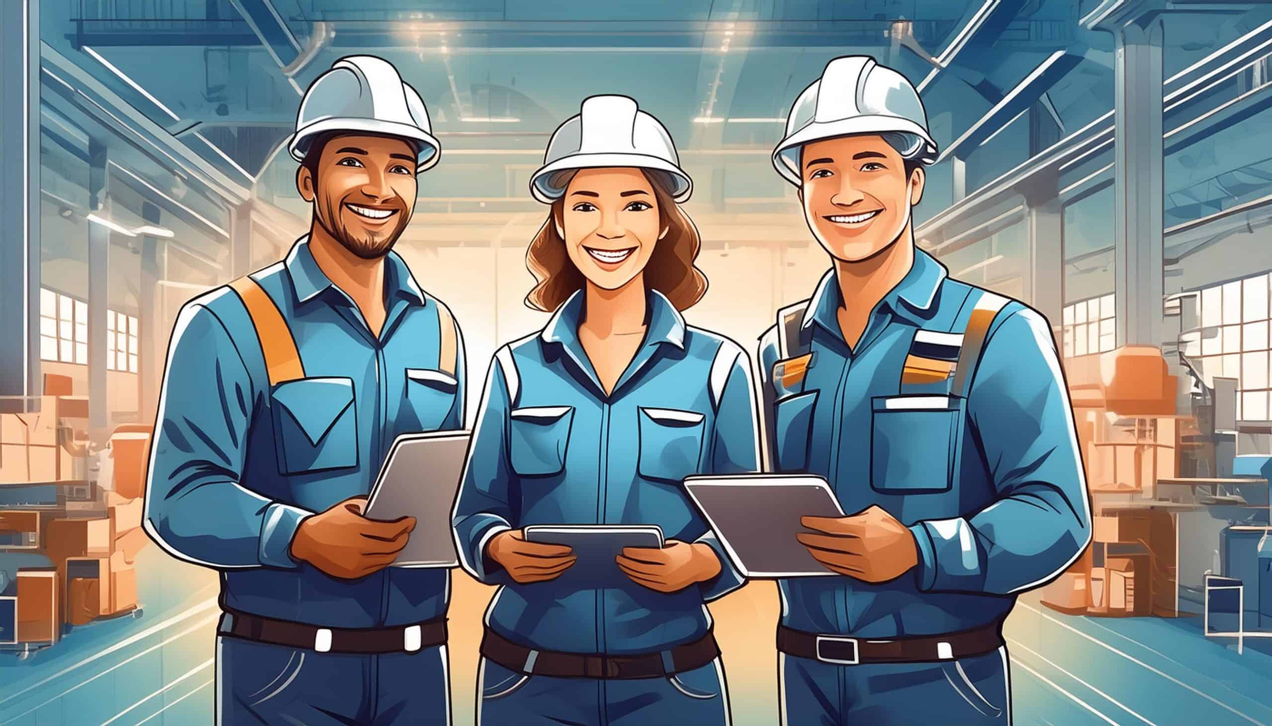 Three smiling engineers, two men and one woman, in blue uniforms and safety helmets, using tablets on the manufacturing floor. They are discussing manufacturing travellers for optimizing production efficiency