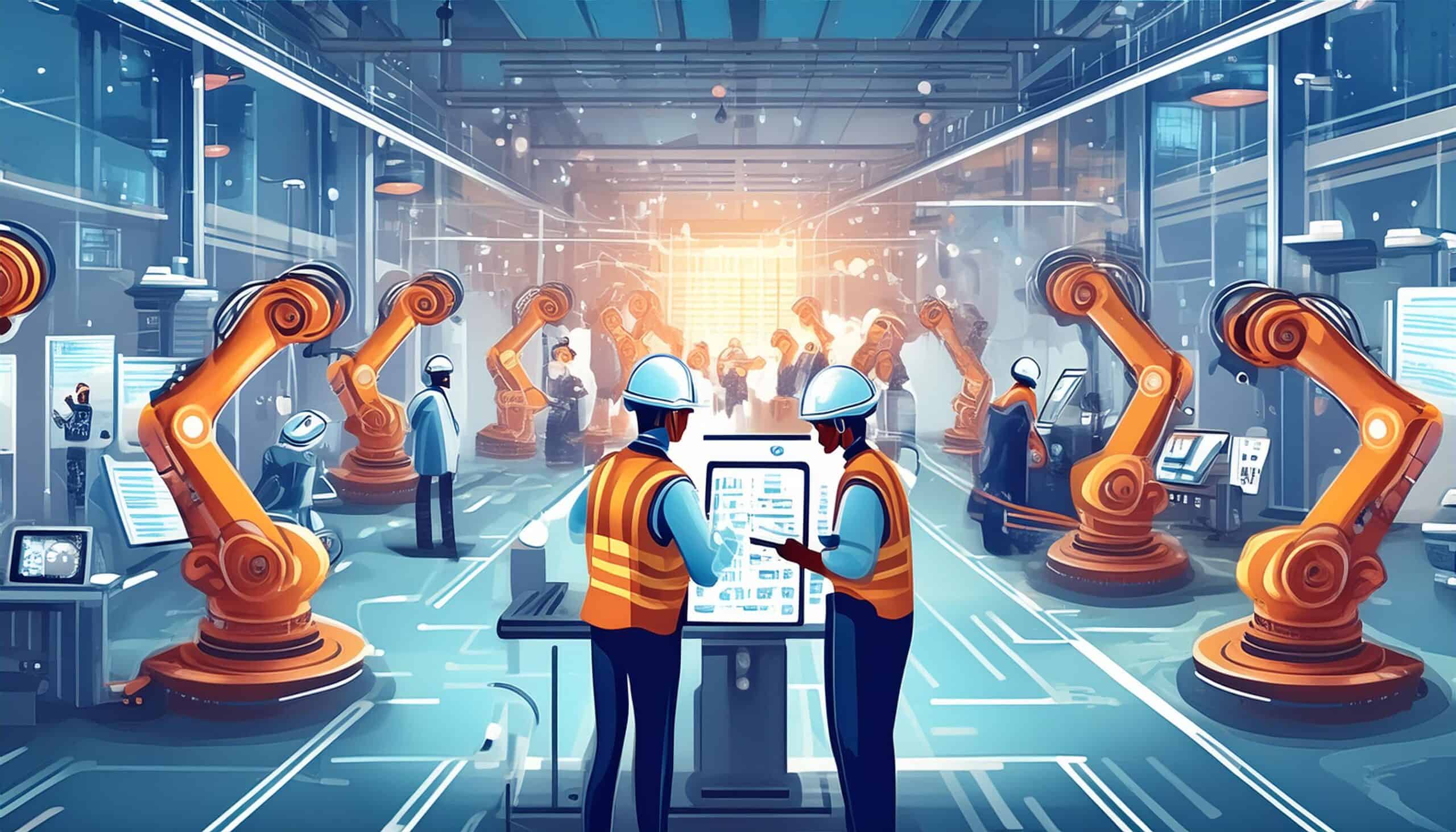 An illustration of a bustling, modern manufacturing floor with advanced machinery and workers engaged in various tasks. Highlight a central figure using a digital tablet to monitor production data in real-time. Include elements such as robotic arms, digital displays showing production metrics, and workers collaborating. The scene should convey a high-tech, efficient, and productive manufacturing environment.