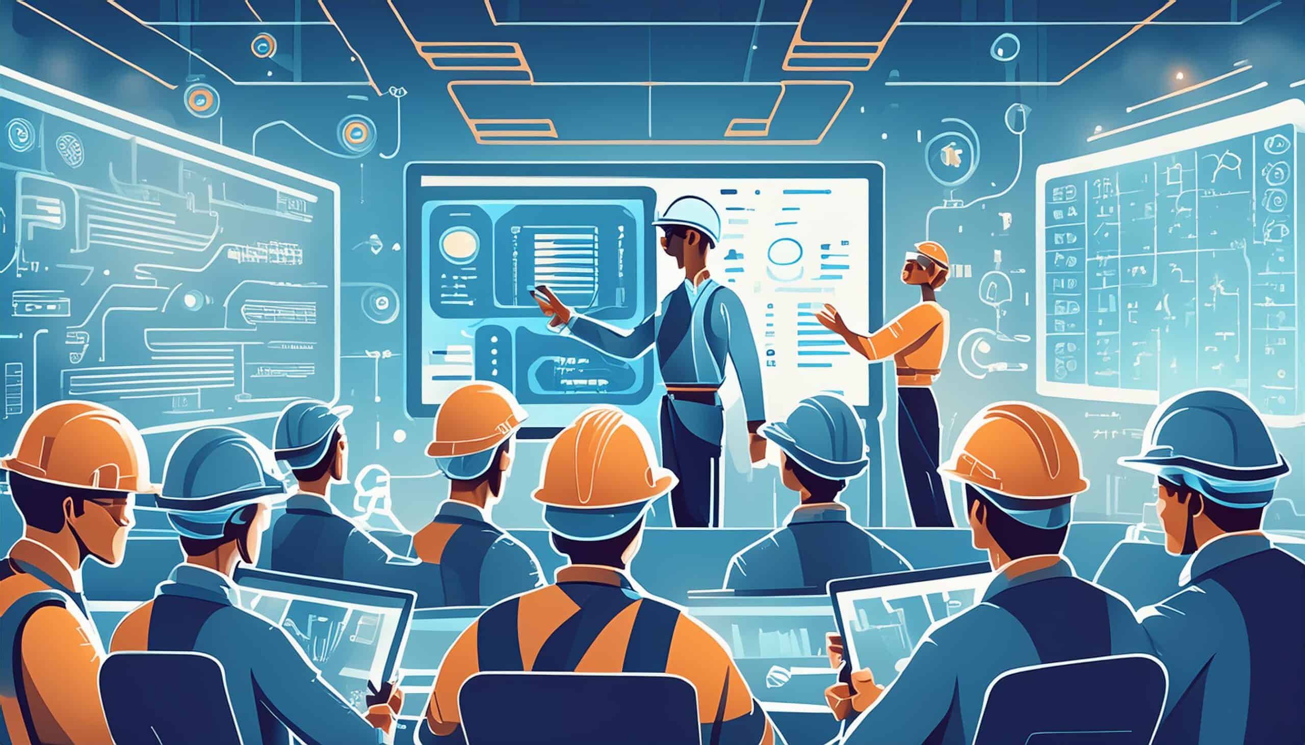 An illustration showing a diverse group of workers in a training session, learning to operate advanced machinery and digital systems. Include elements such as a trainer with a presentation, workers engaging with interactive displays, and a scheduling board showing optimal shift planning. Additionally, depict a positive work environment with engaged and motivated employees collaborating and sharing ideas.