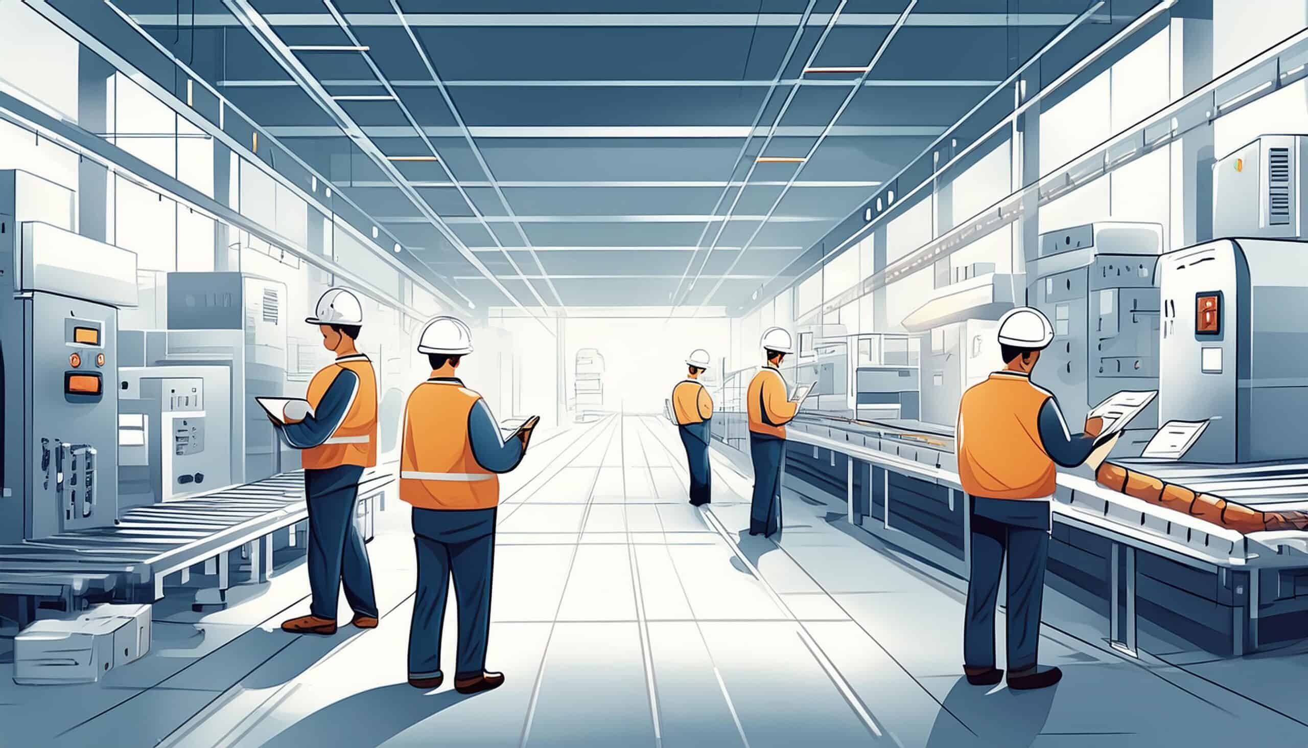 An illustration showing a well-organized manufacturing floor with minimal clutter. Workers are seen efficiently managing inventory and processes. Include visual elements like flowcharts and diagrams on walls, a worker implementing a 5S principle (sort, set in order, shine, standardize, sustain), and another worker making notes for continuous improvement. The scene should emphasize efficiency, waste reduction, and streamlined processes.