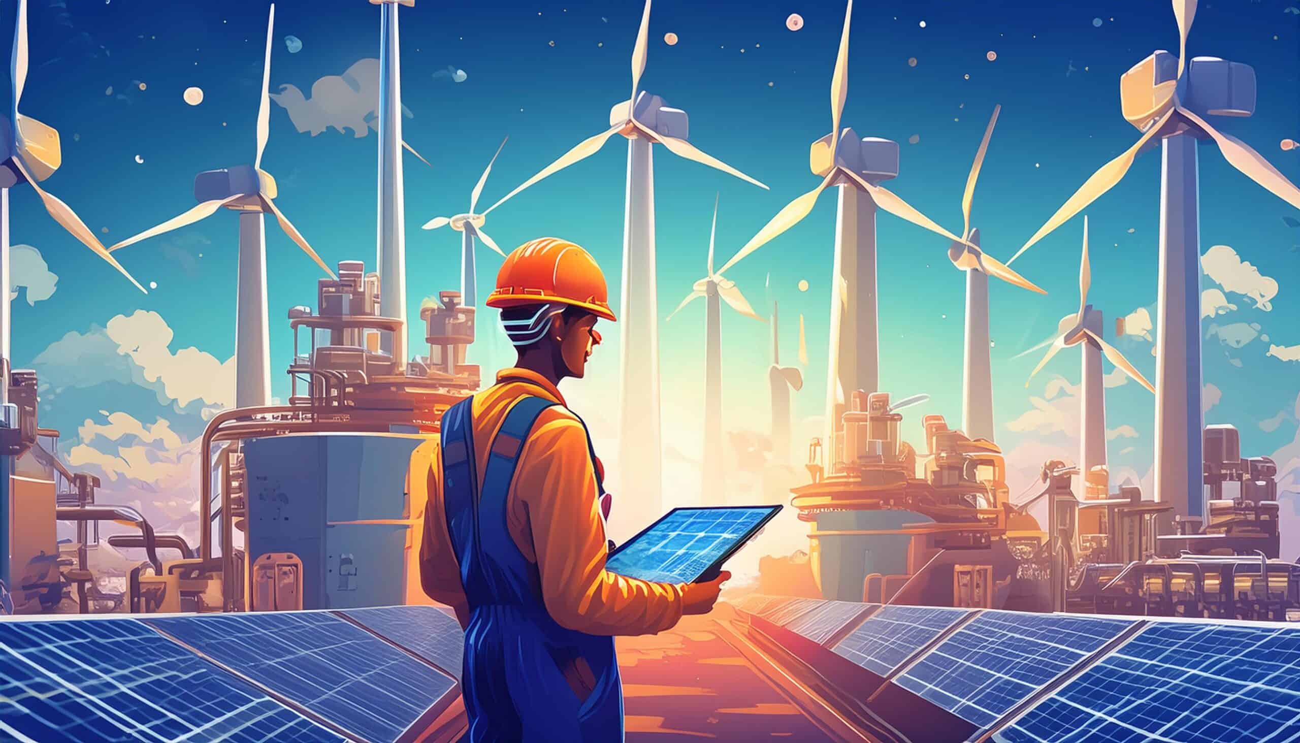 An illustration of a manufacturing facility with energy-efficient machinery in operation, illuminated by bright lights powered by visible solar panels on the roof. A technician monitors the equipment using a tablet, ensuring optimal performance. The background includes wind turbines, symbolizing the use of renewable energy sources. The scene conveys reduced energy consumption, lower utility bills, and a commitment to environmental sustainability.