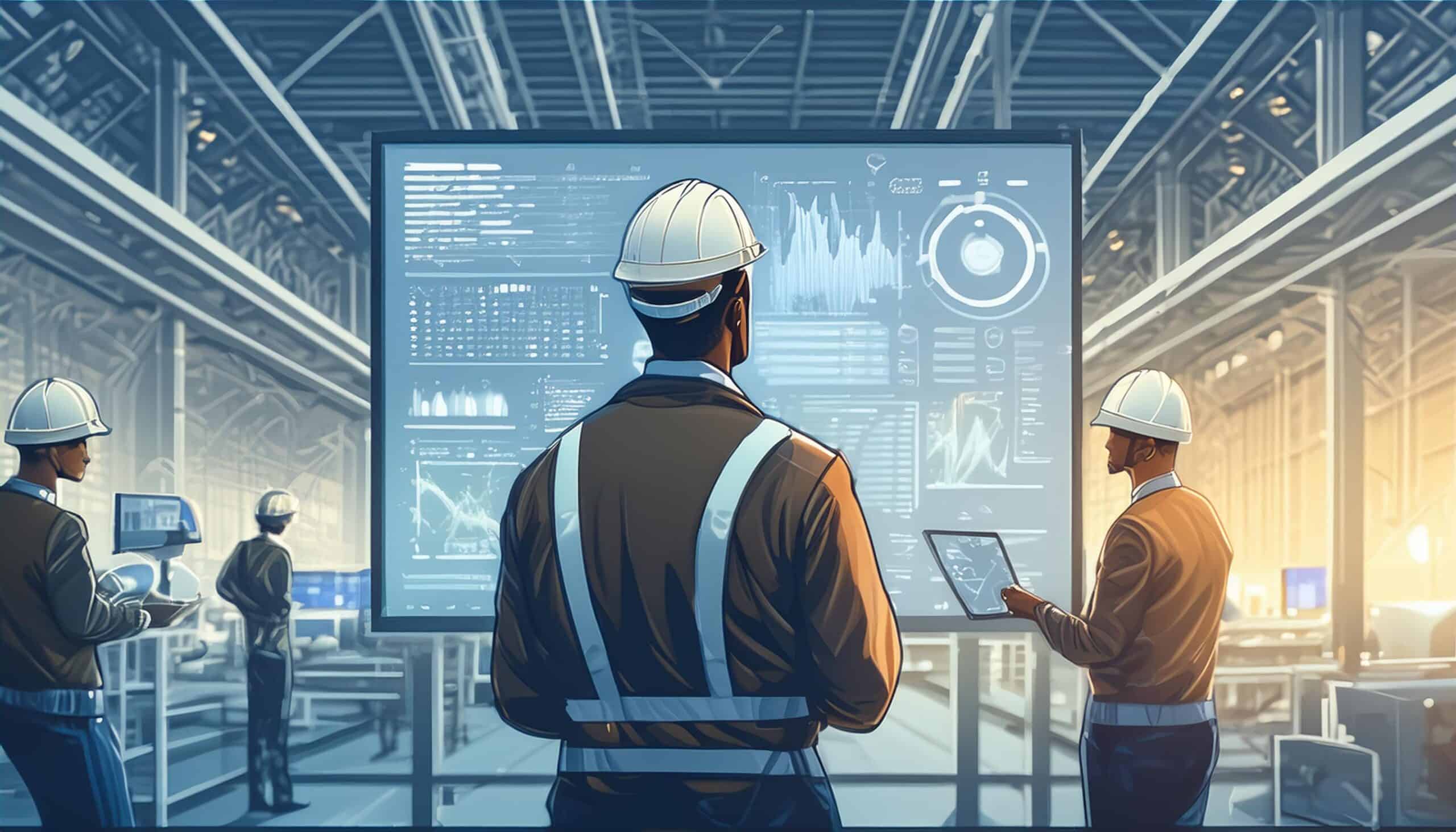 An illustration of a manufacturing facility with workers actively engaged in monitoring and measuring production output. Highlight a central figure analyzing data on a digital dashboard, with charts and graphs displaying key performance indicators (KPIs) like Overall Equipment Effectiveness (OEE). The background can include advanced machinery and a well-organized production line, emphasizing efficiency and productivity.
