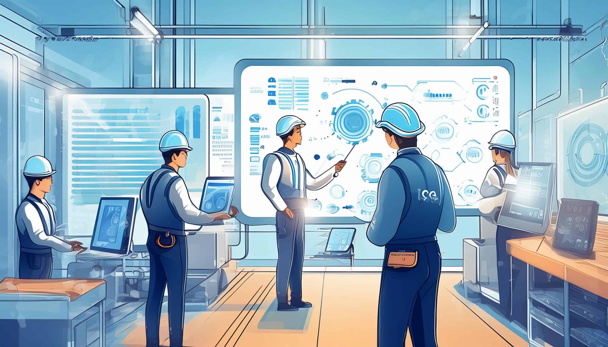 An illustration showing a team of workers participating in a training session with a skilled instructor, emphasizing employee training programs. Nearby, another worker efficiently operates advanced machinery, applying lean manufacturing principles. Charts displaying increased productivity and workflow efficiency are visible on a screen in the background. The scene highlights a motivated workforce, reduced labor costs, and continuous improvement efforts.