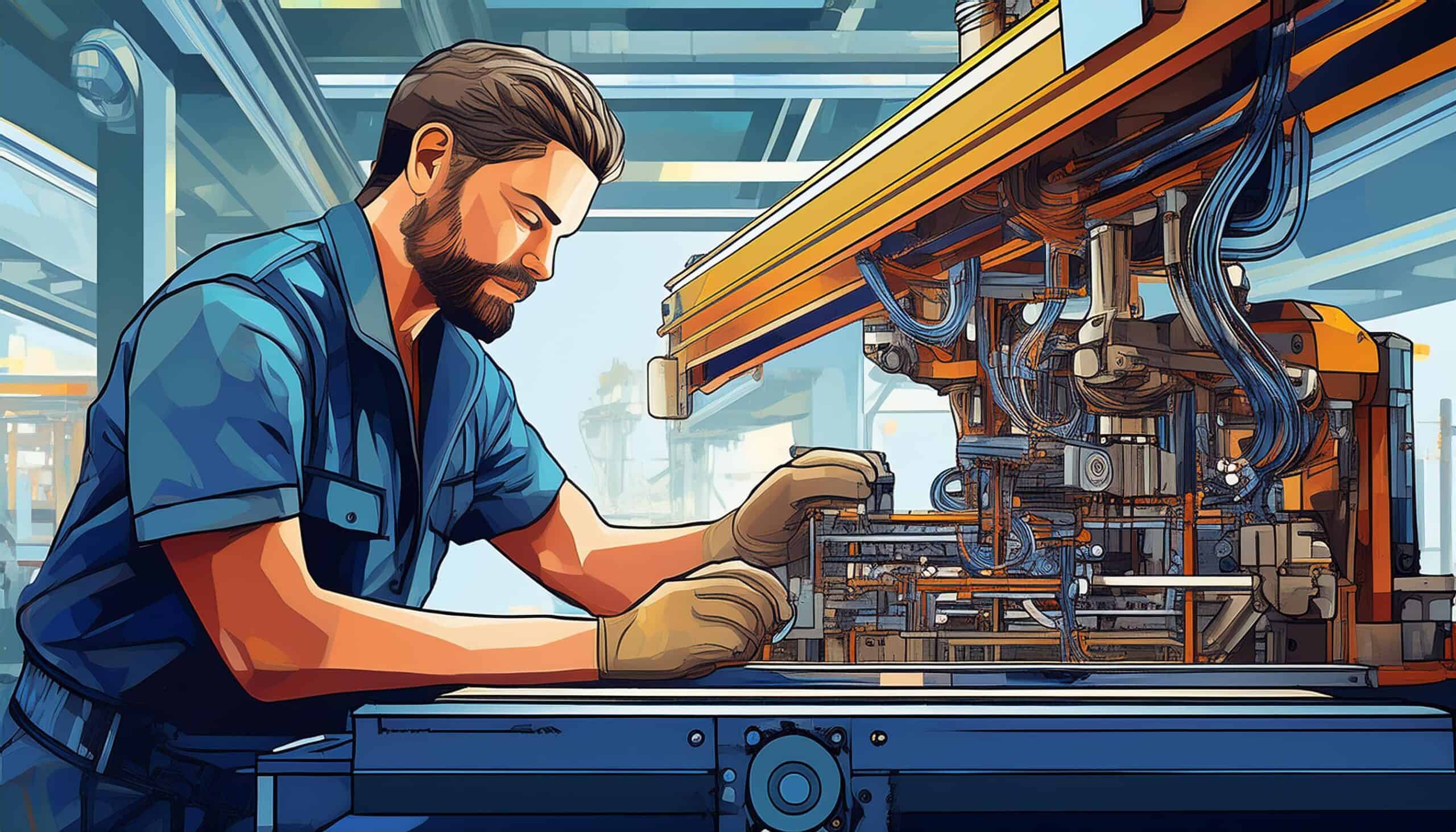 An illustration of a manufacturing facility with workers actively engaged in monitoring and measuring production output. Highlight a central figure analyzing data on a digital dashboard, with charts and graphs displaying key performance indicators (KPIs) like Overall Equipment Effectiveness (OEE). The background can include advanced machinery and a well-organized production line, emphasizing efficiency and productivity.