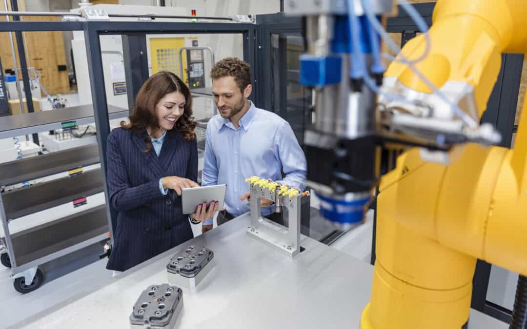 Colleagues in high tech company controlling industrial robots, using manufacturing execution system