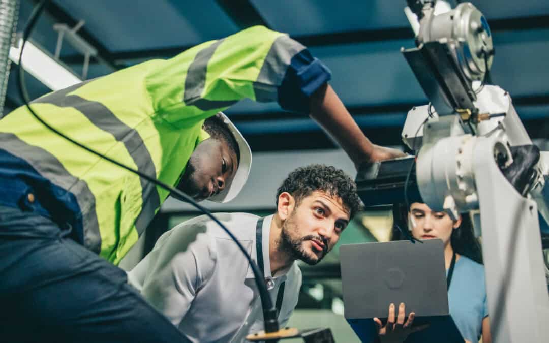 Manufacturing engineers using digital tools to improve efficiency and quality on a factory floor as part of a manufacturing digital transformation process.